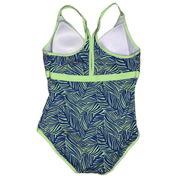 LL Bean One Piece Size 14 Green Blue Leaf Print Tank Swimsuit UPF 50+ New - Picture 2 of 4